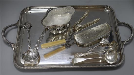A silver plated tray, ladles, servings spoons etc